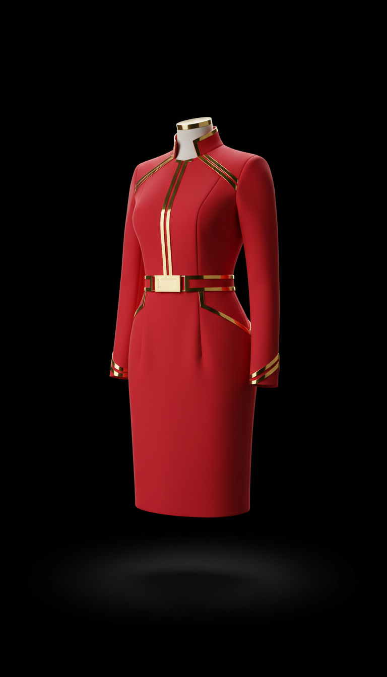 Signal red fitted dress with gold accents