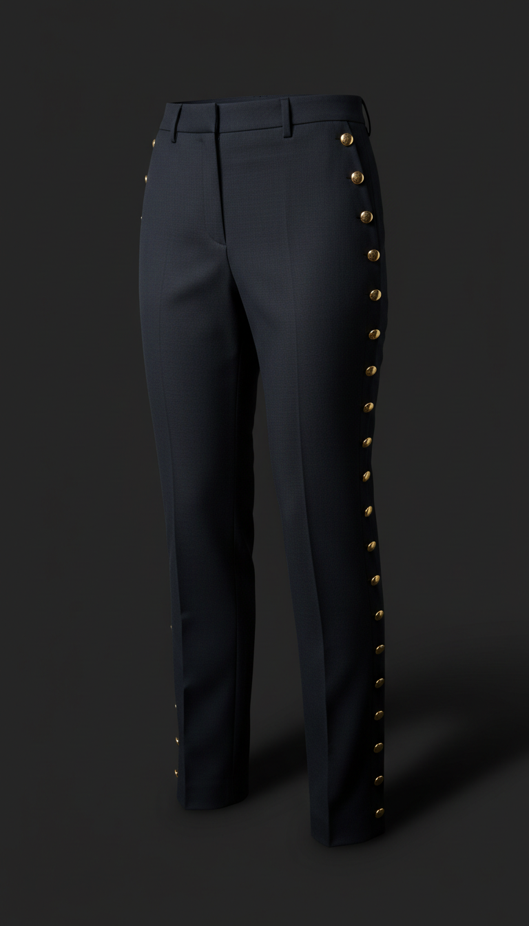 Midnight slate technical pants with gold button detail