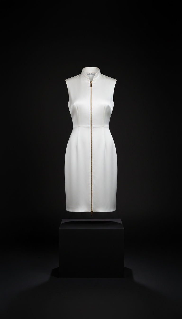 Porcelain White Silk Dress Gold Zipper